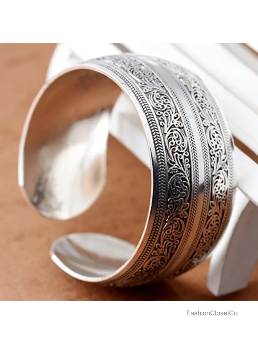 Silver Tone Carved Spiral Flower Wide Cuff Bangle Bracelet